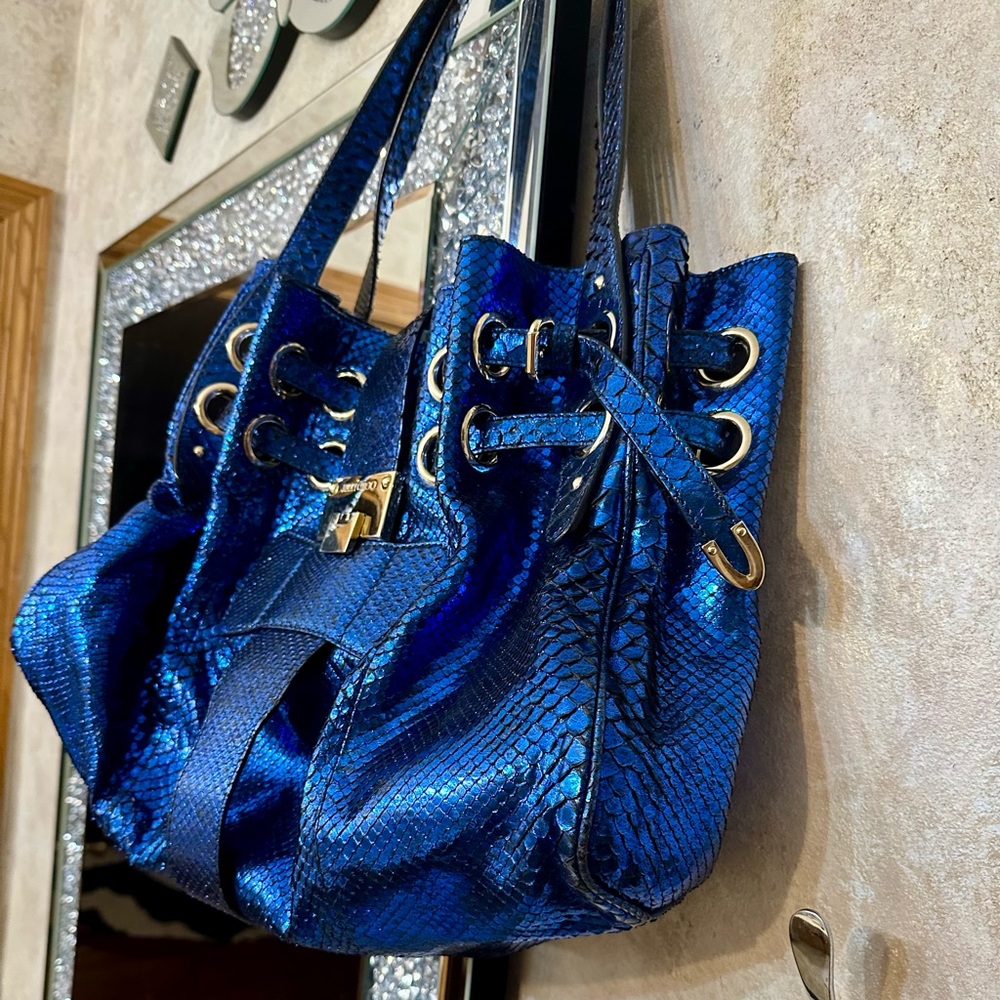 Jimmy Choo Shimmering Blue real  python/snake skin Shoulder bag RARE - Picture 4 of 16
